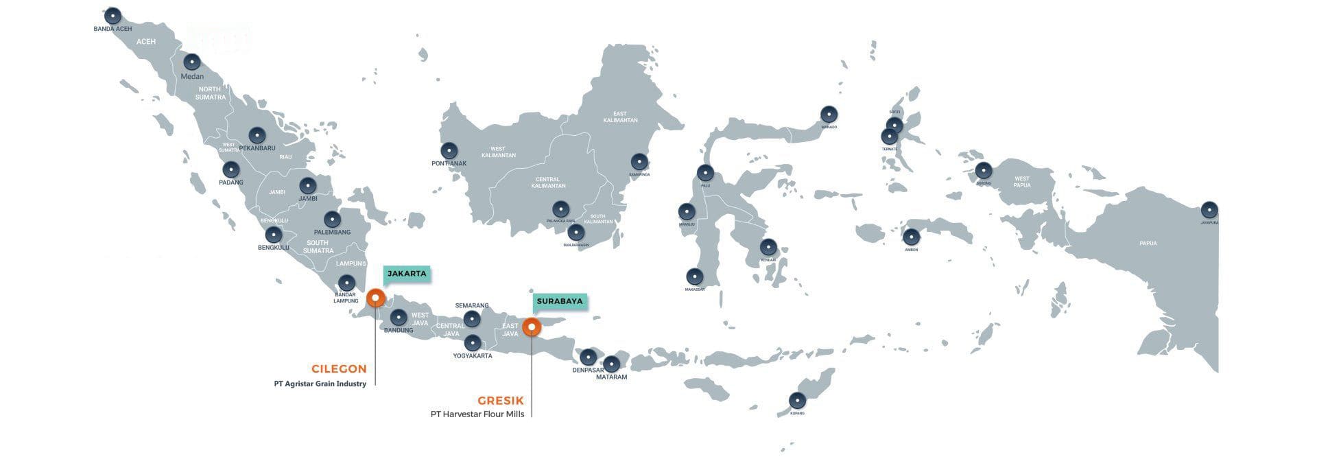 Map of PT Cerestar Indonesia subsidiary locations across Indonesia — Cilegon, Gresik, Jakarta, and Surabaya marked with orange pins